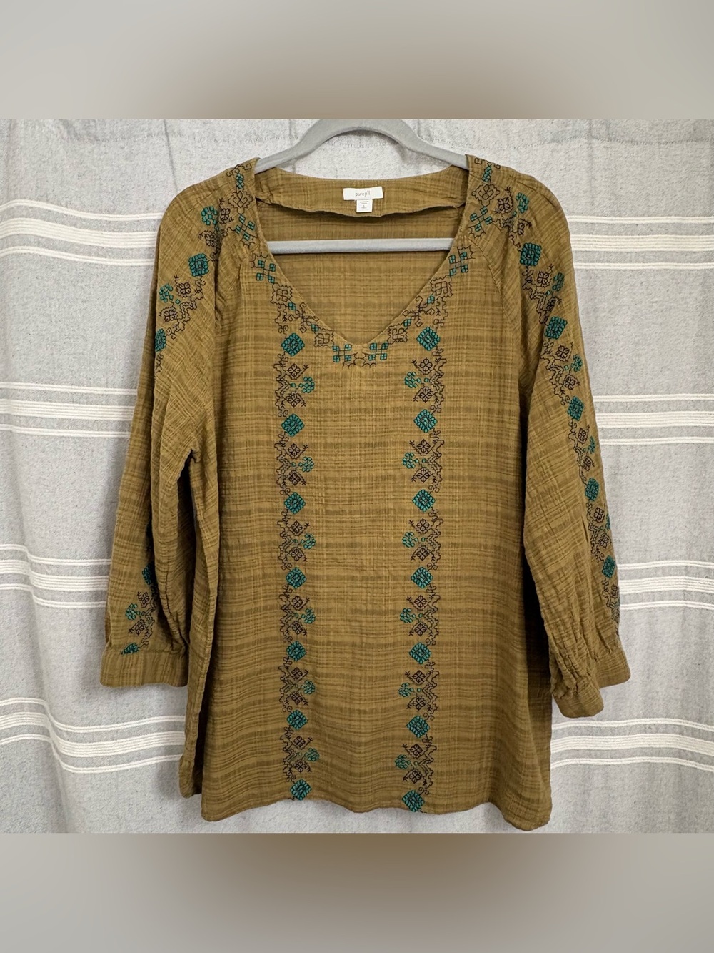 PureJill by J Jill Women’s Green 3/4 Sleeve Embroidered Vneck Blouse Size L